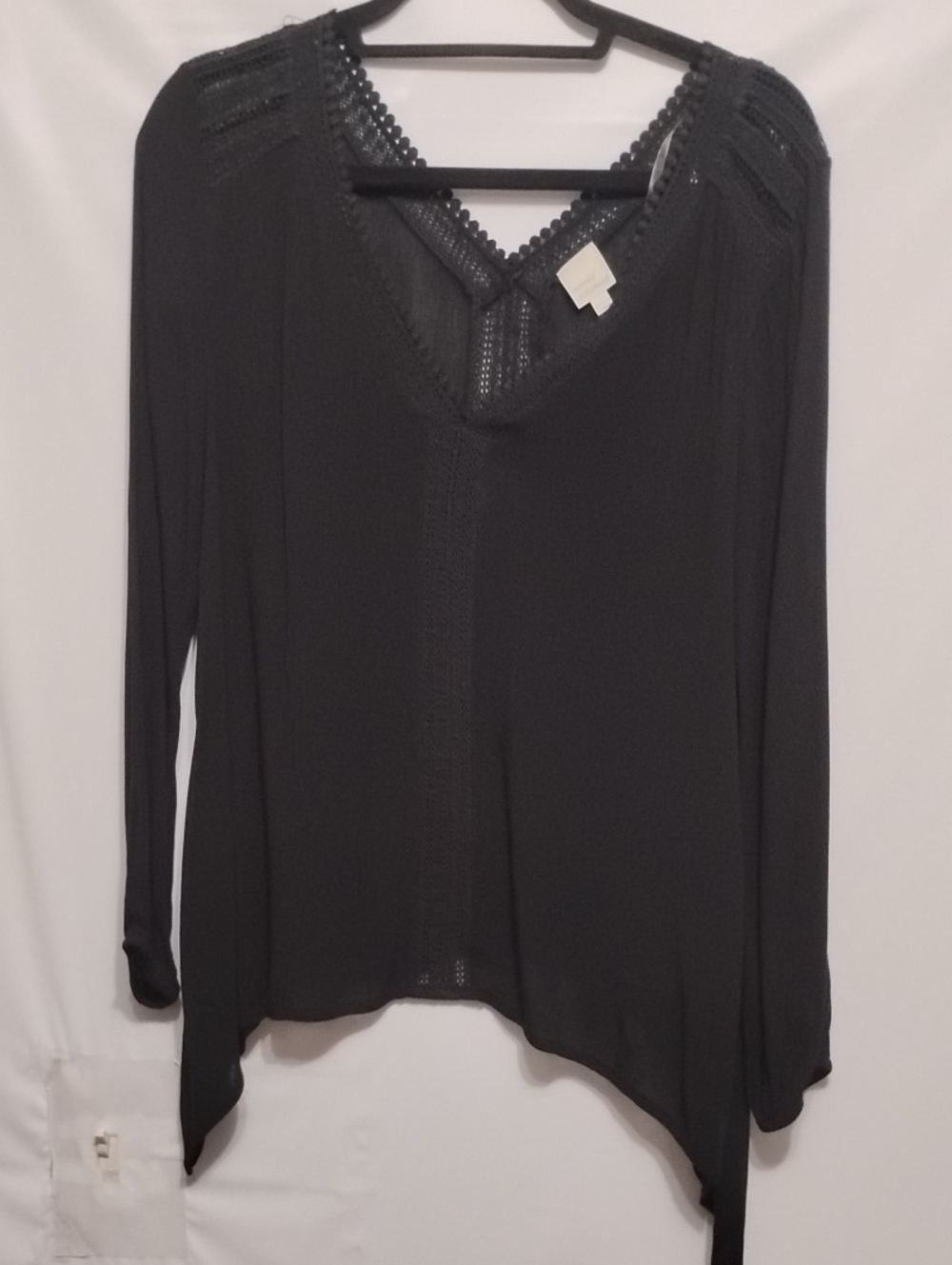 Cover Stitched Bohemian Style Black V-Neck Lace-Trim Peasant Top